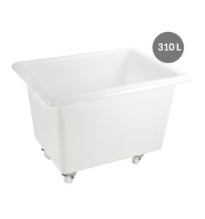 Bak met 2 vaste wielen waarvan 2 met rem Zonder deksel wit plastic xx73 310 L vaste bodem volle wanden Gilac