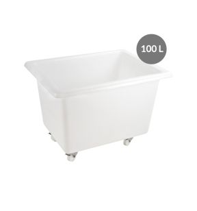 Bak met 2 vaste wielen waarvan 2 met rem Zonder deksel wit plastic xx61 100 L vaste bodem volle wanden Gilac