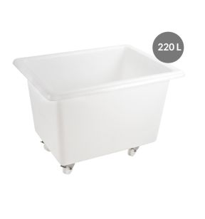 Bak met 2 vaste wielen waarvan 2 met rem Zonder deksel wit plastic xx66.5 220 L vaste bodem volle wanden Gilac