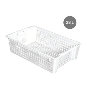 Opengewerkte bak, stapelbaar en in elkaar passend Zonder deksel wit plastic xx15.5 28 L geperforeerde bodem geperforeerde wanden Gilac