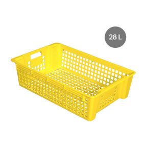 Opengewerkte bak, stapelbaar en in elkaar passend Zonder deksel geel plastic xx15.5 28 L geperforeerde bodem geperforeerde wanden Gilac