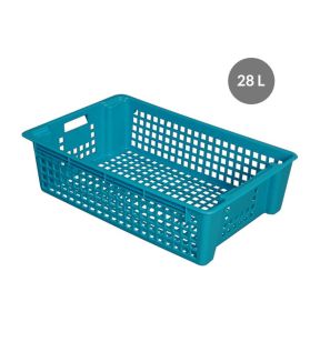Opengewerkte bak, stapelbaar en in elkaar passend Zonder deksel blauw plastic xx15.5 28 L geperforeerde bodem geperforeerde wanden Gilac