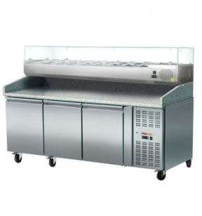 Table pizza rérigérée 3 portes pleines et kit réfrigéré froid positif 458 L 3 grilles Proinox