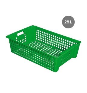 Opengewerkte bak, stapelbaar en in elkaar passend Zonder deksel groen plastic xx15.5 28 L geperforeerde bodem geperforeerde wanden Gilac
