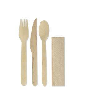Kit cuillère, fourchette, couteau en bois et serviette kraft 23cm Earth Essentials (500 pièces)